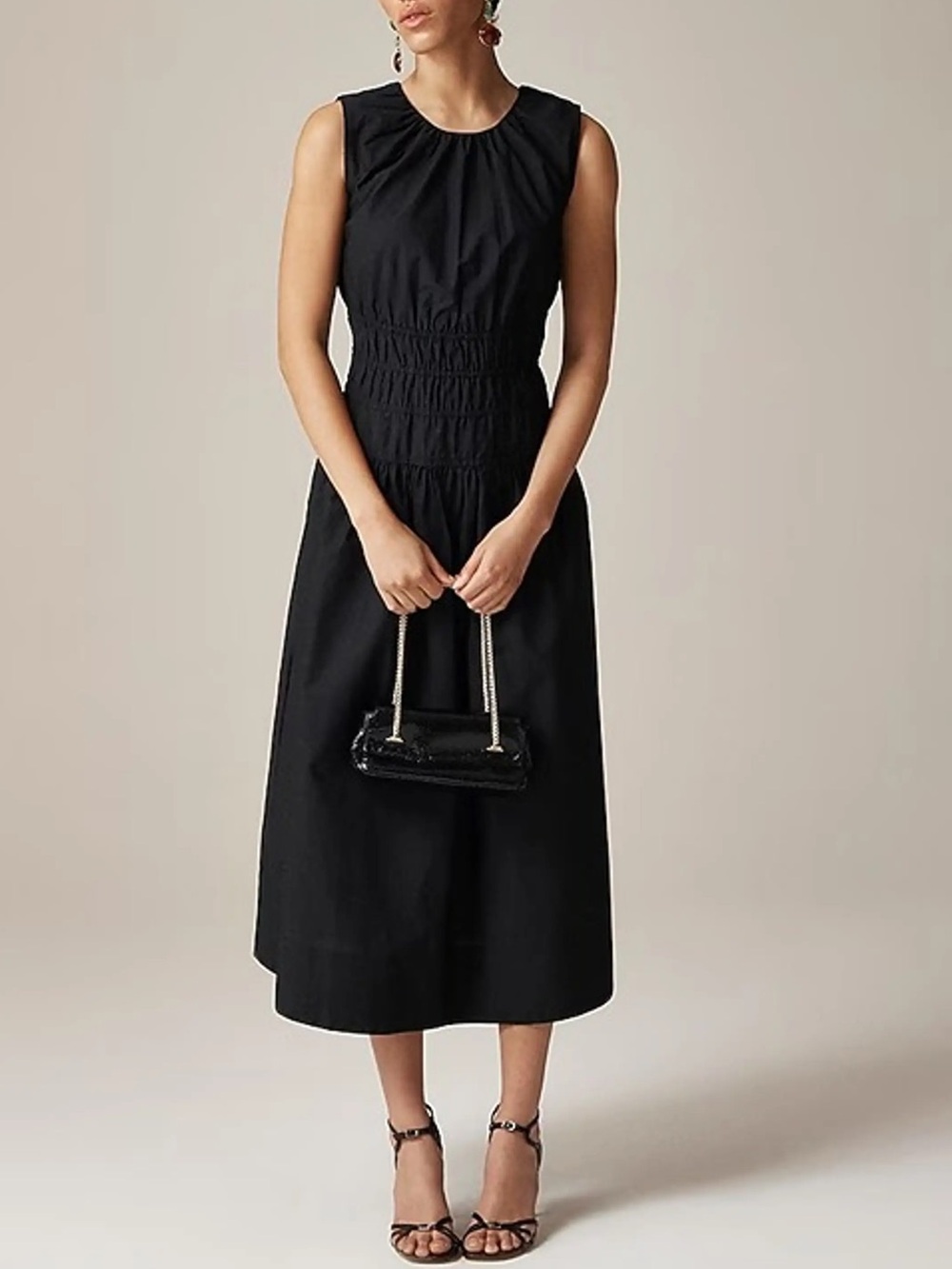 J. Crew Hyacinth Dress In Cotton Poplin Black Large Smocked-Waist A-Line Pockets